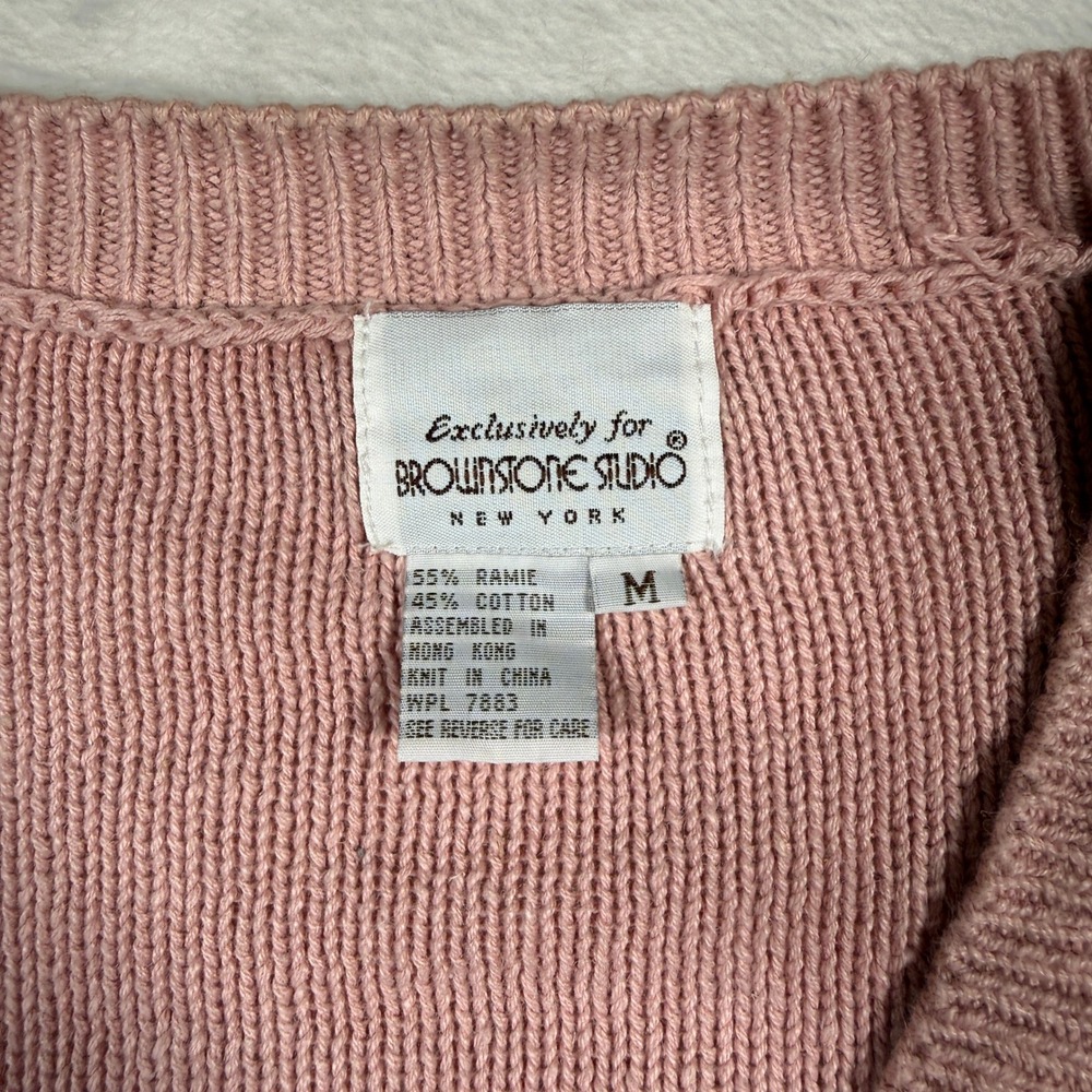 Vintage Brownstone Studio Pink Heart Cable‎ Knit Button Cardigan Sweater Women M - Picture 3 of 6